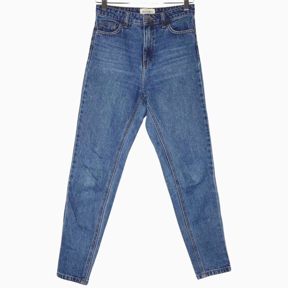 Amaro Women Jeans 36 US 4 Medium Blue High Rise Mom Jeans Taper Stretch Brazil